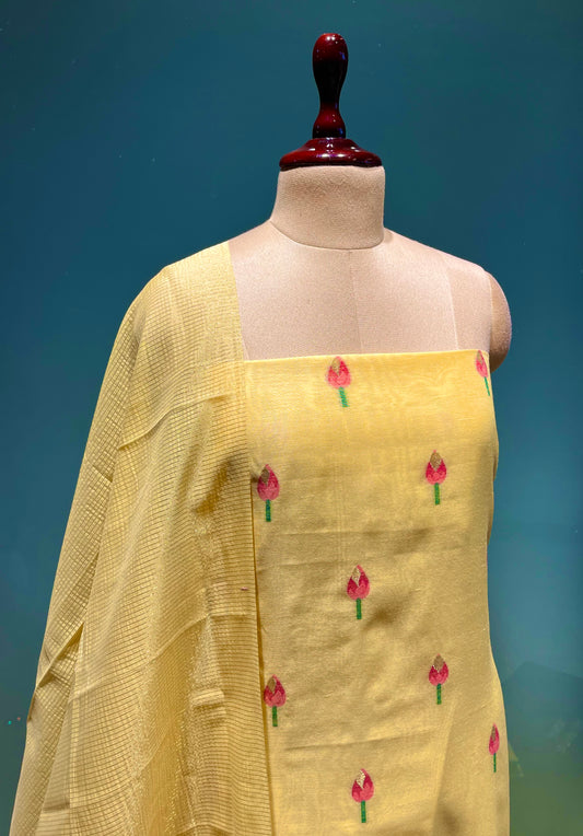 YELLOW COLOUR TANT DHAKAI JAMDANI UNSTITCHED SUITS (DRESS MATERIAL )