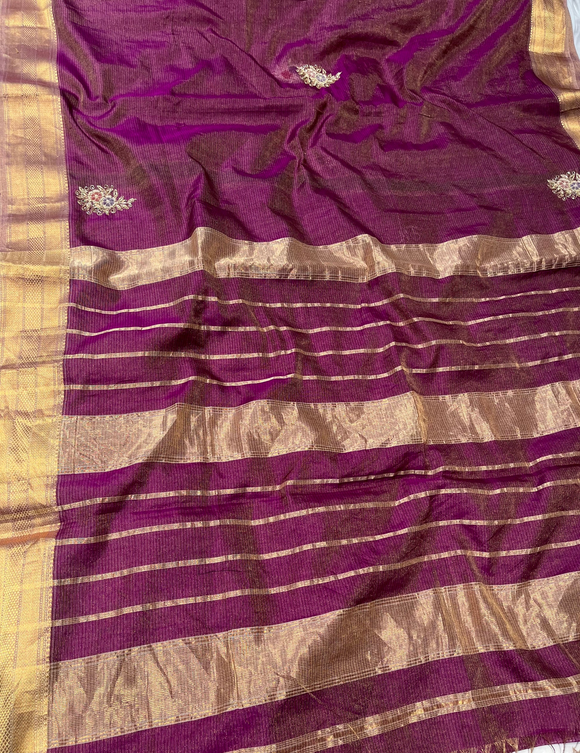 WINE COLOUR MAHESHWARI HAND EMBROIDERED SAREE WITH ZARI BORDER EMBELLISHED WITH ZARDOZI & BEADS WORK - Kothari Sons