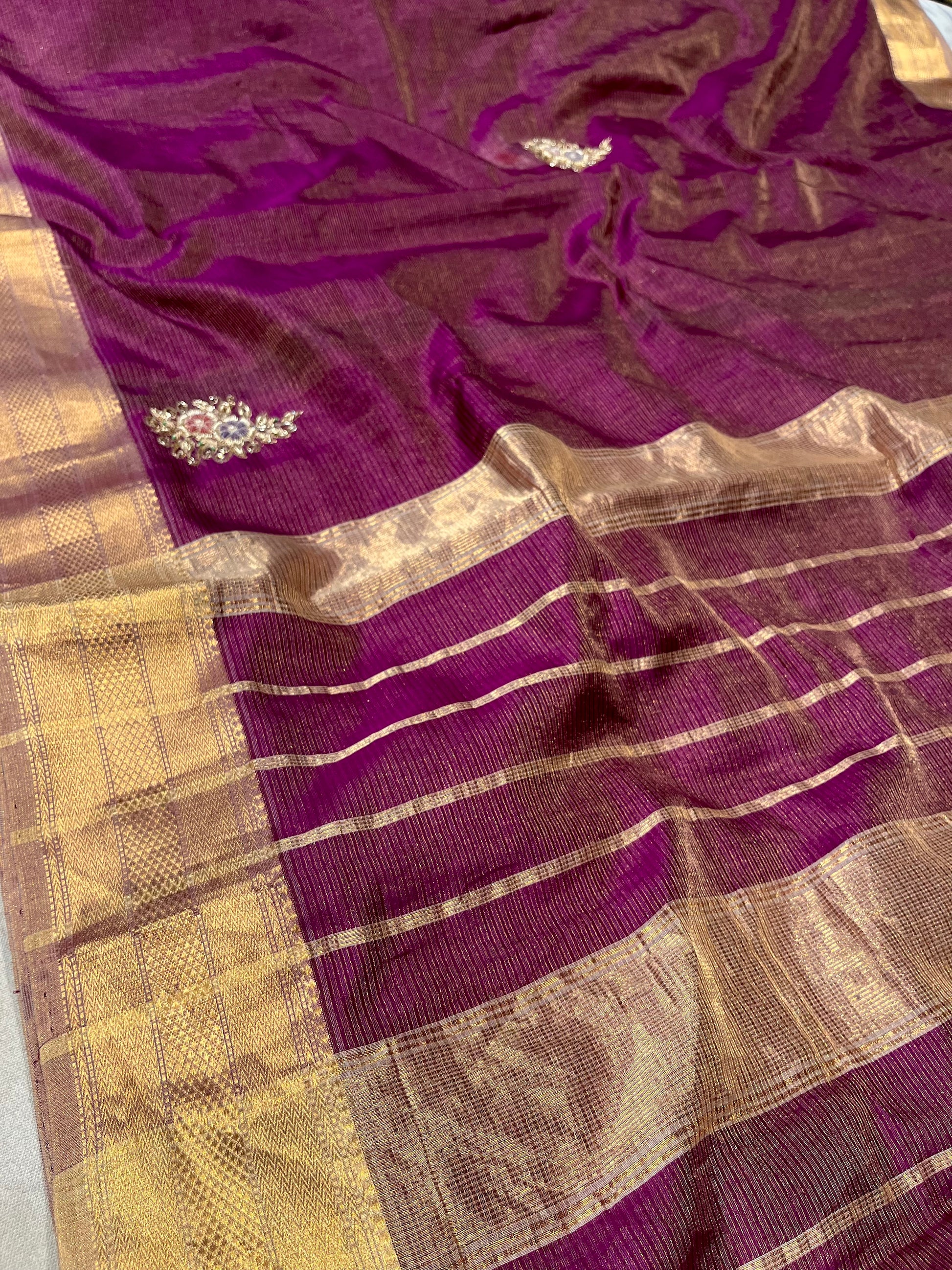 WINE COLOUR MAHESHWARI HAND EMBROIDERED SAREE WITH ZARI BORDER EMBELLISHED WITH ZARDOZI & BEADS WORK - Kothari Sons