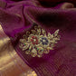 WINE COLOUR MAHESHWARI HAND EMBROIDERED SAREE WITH ZARI BORDER EMBELLISHED WITH ZARDOZI & BEADS WORK - Kothari Sons