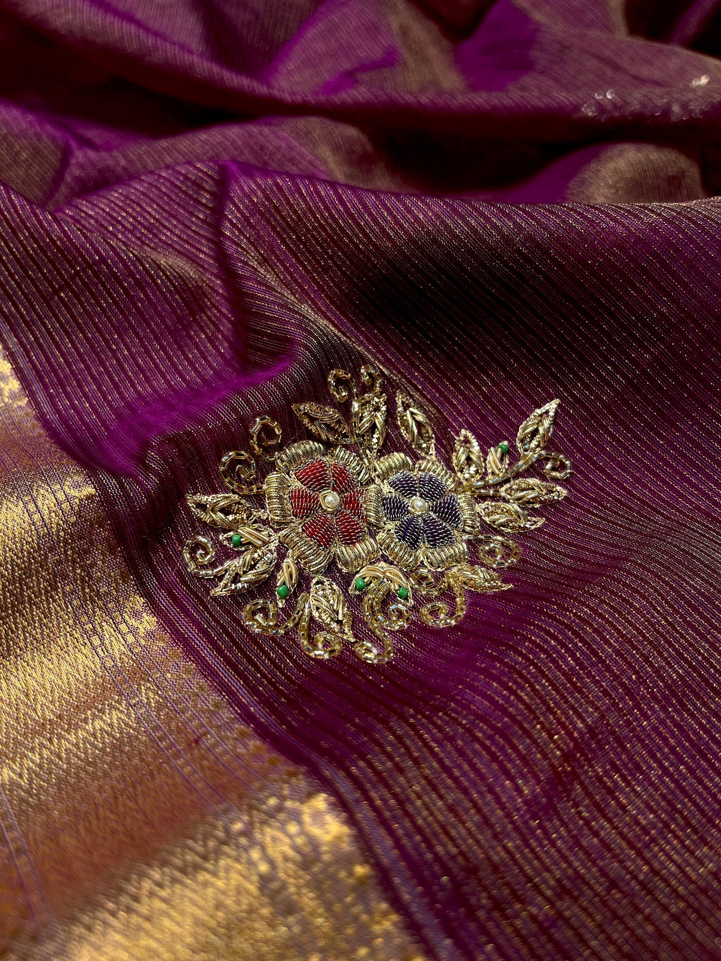 WINE COLOUR MAHESHWARI HAND EMBROIDERED SAREE WITH ZARI BORDER EMBELLISHED WITH ZARDOZI & BEADS WORK - Kothari Sons