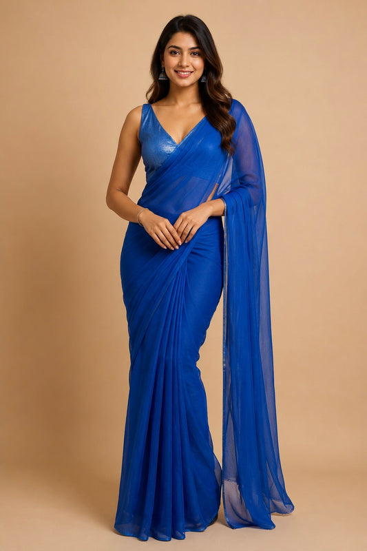 BLUE COLOUR CHIFFON SAREE WITH CREPE TISSUE UNSTITCHED BLOUSE