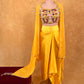 YELLOW COLOUR SATIN SILK DHOTI STYLE SKIRT WITH EMBROIDERED CROP TOP & GEORGETTE SHRUG EMBELLISHED WITH ZARDOZI, SEQUINS & RESHAM WORK