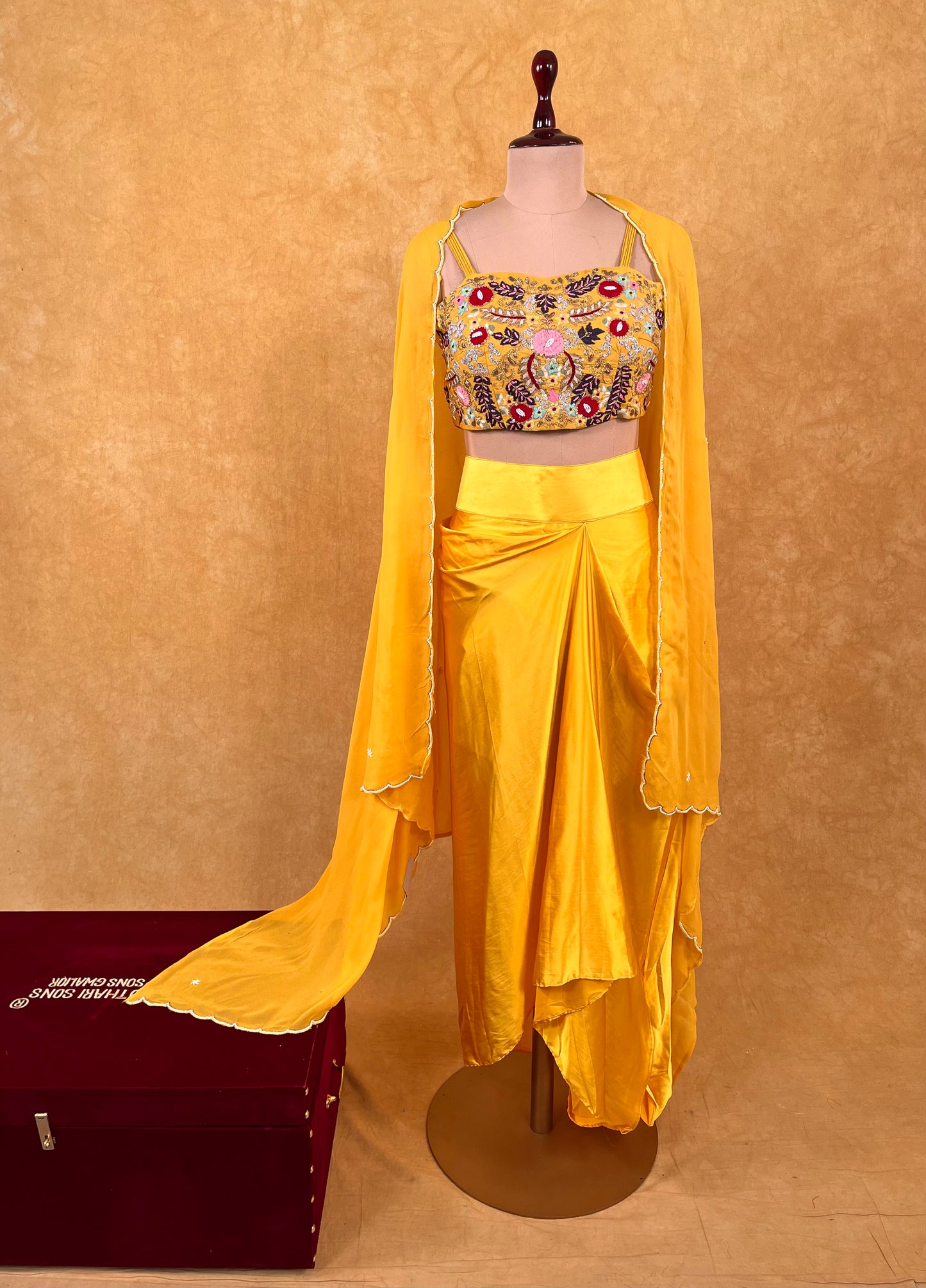 YELLOW COLOUR SATIN SILK DHOTI STYLE SKIRT WITH EMBROIDERED CROP TOP & GEORGETTE SHRUG EMBELLISHED WITH ZARDOZI, SEQUINS & RESHAM WORK