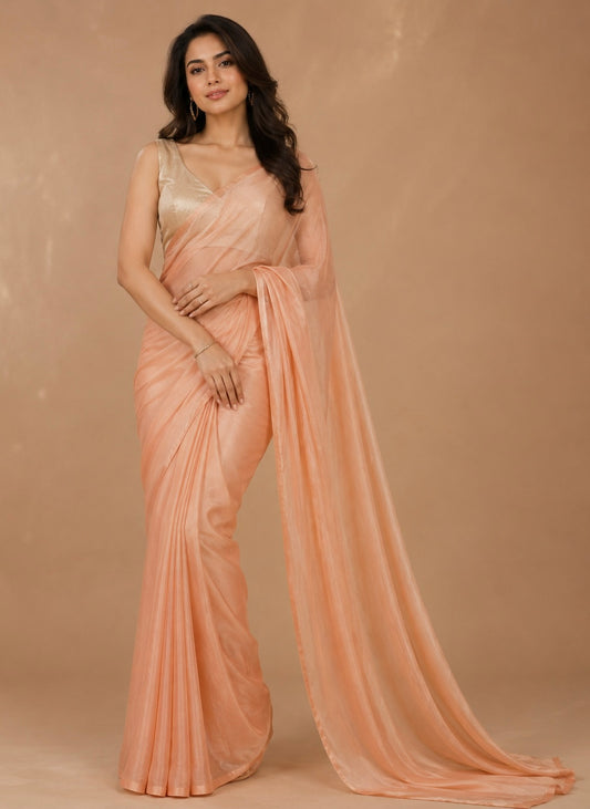 PEACH COLOUR CHIFFON SAREE WITH CREPE TISSUE UNSTITCHED BLOUSE