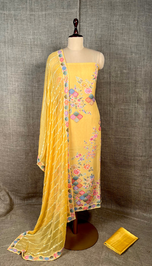 YELLOW COLOUR GEORGETTE UNSTITCHED SUIT WITH CHIFFON EMBROIDERED DUPATTA