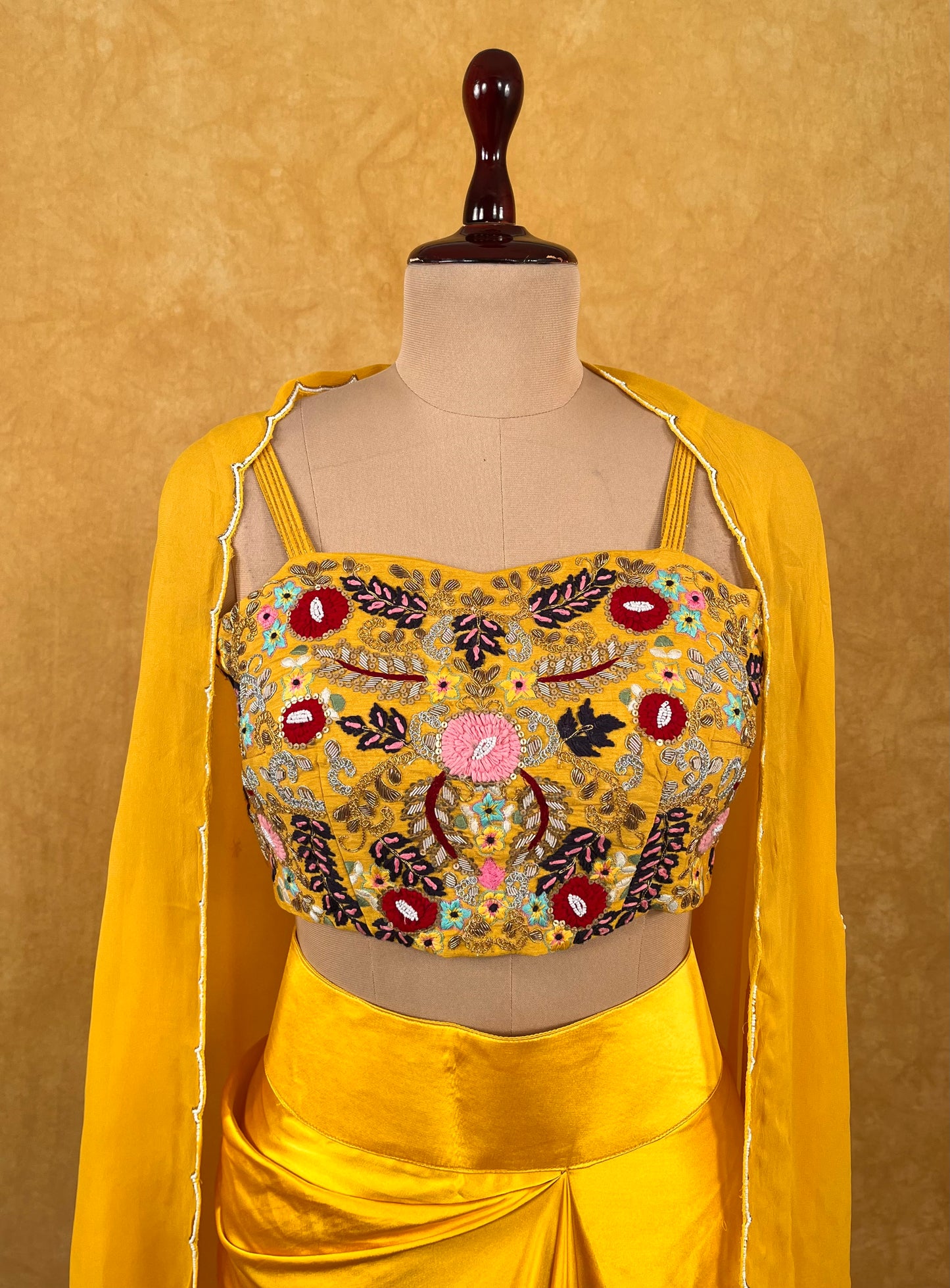YELLOW COLOUR SATIN SILK DHOTI STYLE SKIRT WITH EMBROIDERED CROP TOP & GEORGETTE SHRUG EMBELLISHED WITH ZARDOZI, SEQUINS & RESHAM WORK