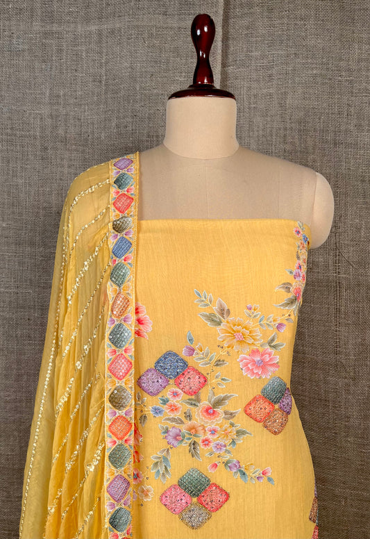 YELLOW COLOUR GEORGETTE UNSTITCHED SUIT WITH CHIFFON EMBROIDERED DUPATTA