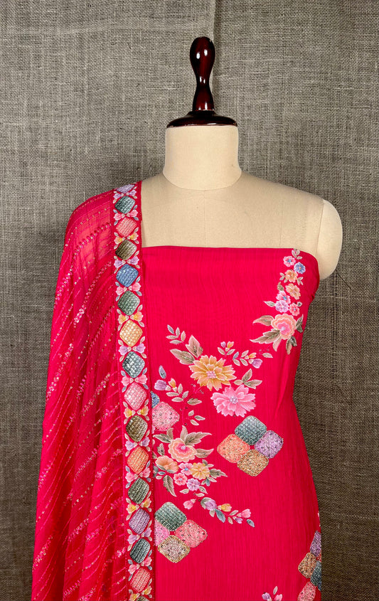 HOT PINK COLOUR GEORGETTE UNSTITCHED SUIT WITH CHIFFON EMBROIDERED DUPATTA