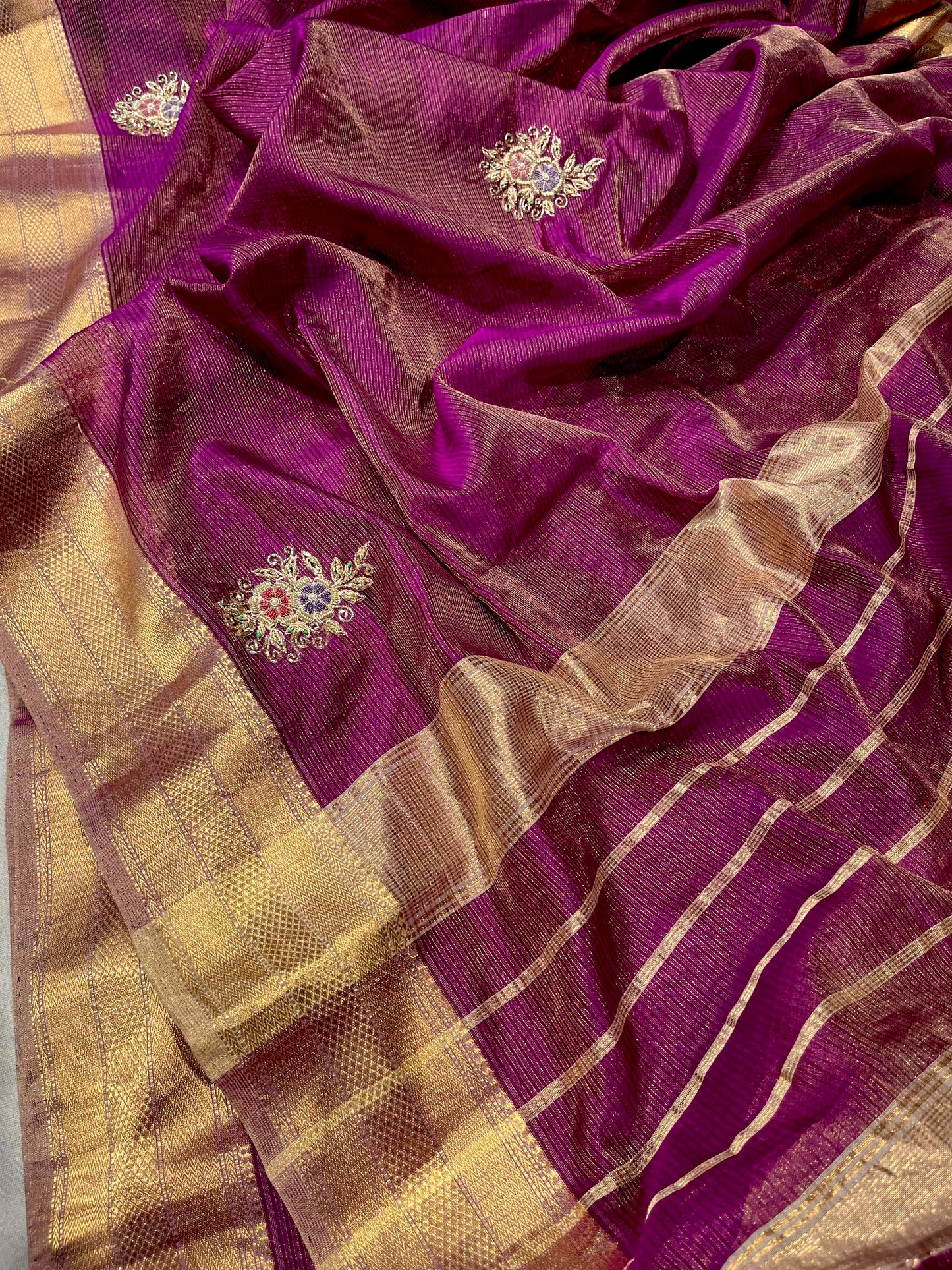 WINE COLOUR MAHESHWARI HAND EMBROIDERED SAREE WITH ZARI BORDER EMBELLISHED WITH ZARDOZI & BEADS WORK - Kothari Sons