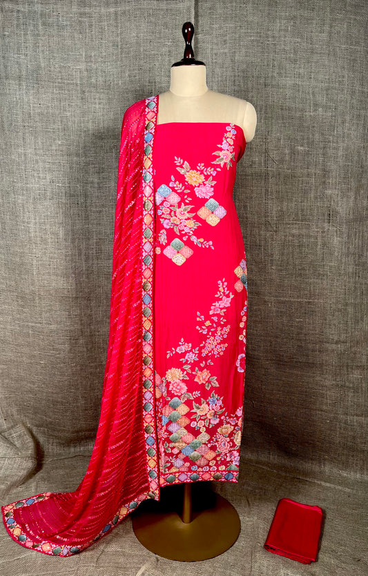 HOT PINK COLOUR GEORGETTE UNSTITCHED SUIT WITH CHIFFON EMBROIDERED DUPATTA