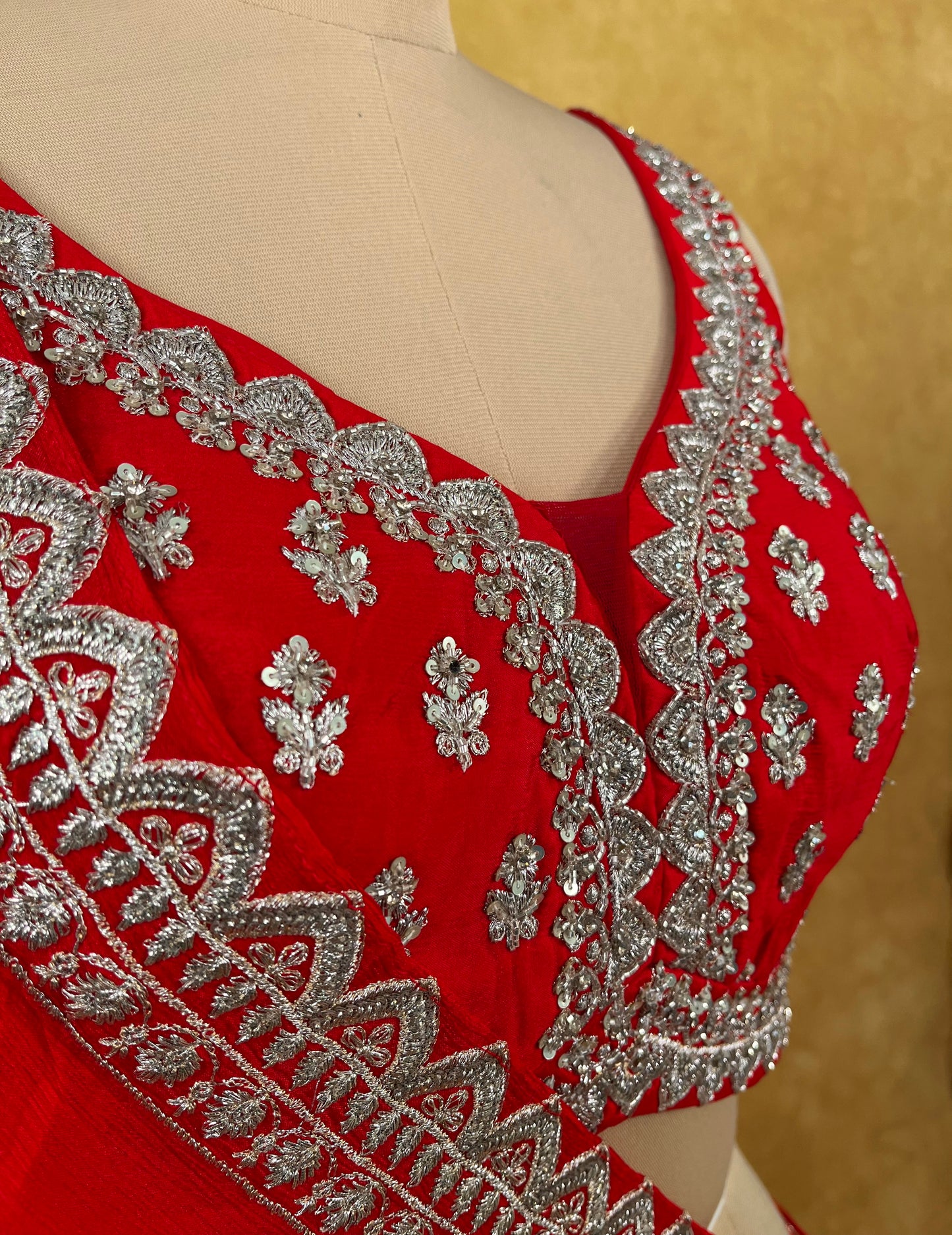RED COLOUR CHINON EMBROIDERED LEHENGA WITH READYMADE EMBROIDERED BLOUSE EMBROIDERED WITH ZARI & CUTDANA WORK