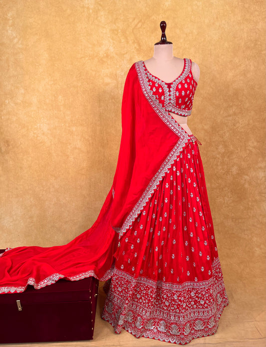 RED COLOUR CHINON EMBROIDERED LEHENGA WITH READYMADE EMBROIDERED BLOUSE EMBROIDERED WITH ZARI & CUTDANA WORK