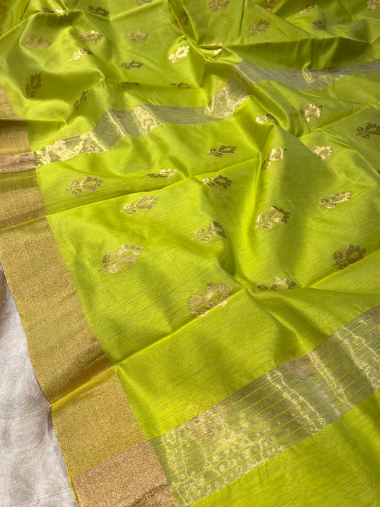 PARROT GREEN COLOUR CHANDERI COTTON SAREE EMBELLISHED WITH ZARI WEAVES