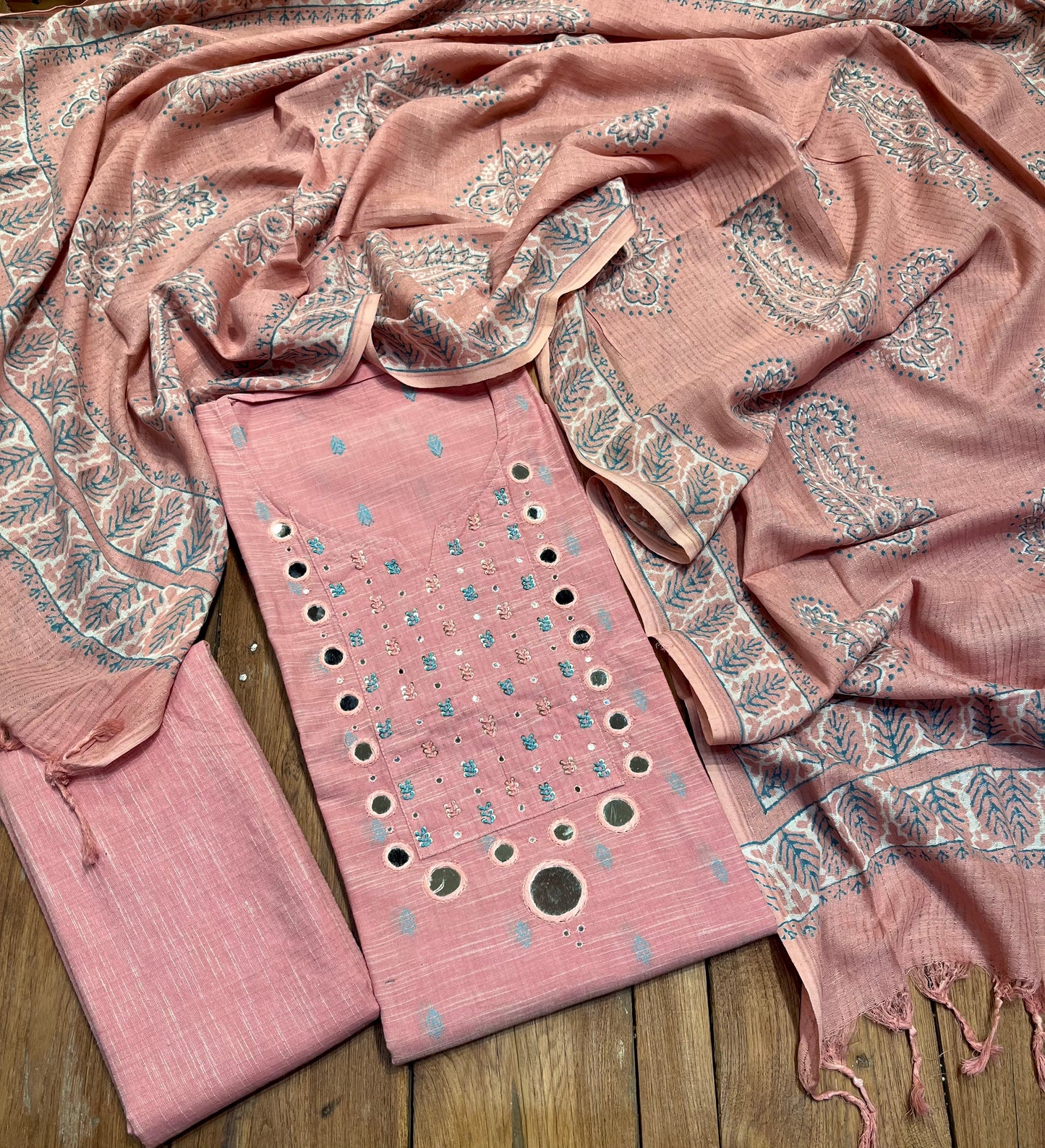 PINK LINEN COTTON EMBROIDERED UNSTITCHED SUIT EMBELLISHED WITH MIRROR WORK