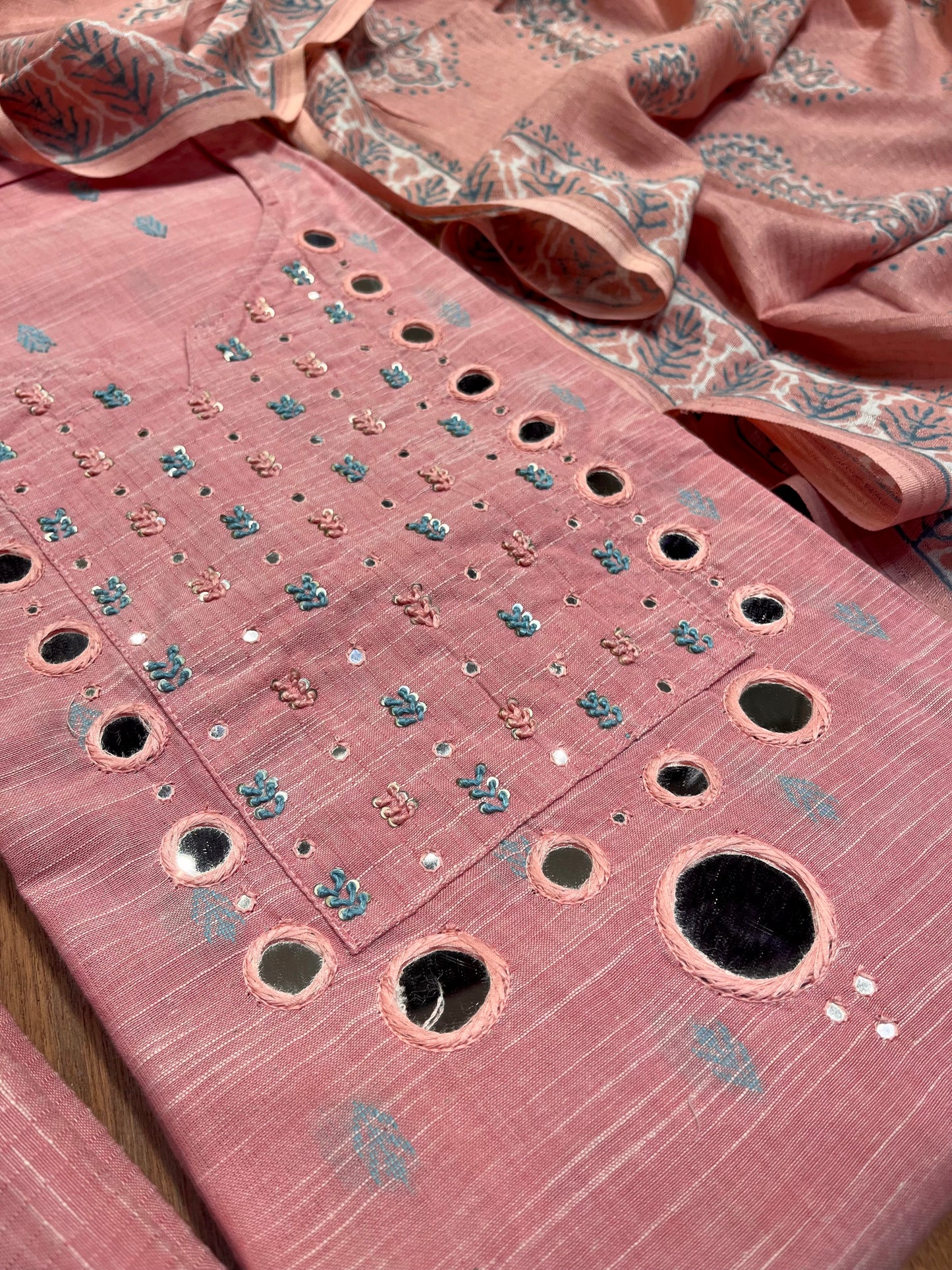 PINK LINEN COTTON EMBROIDERED UNSTITCHED SUIT EMBELLISHED WITH MIRROR WORK