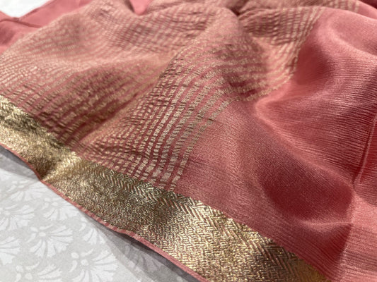 ( DELIVERY IN 25 DAYS ) PEACH COLOUR PURE CHIFFON SAREE WITH ZARI BORDER