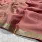 ( DELIVERY IN 25 DAYS ) PEACH COLOUR PURE CHIFFON SAREE WITH ZARI BORDER