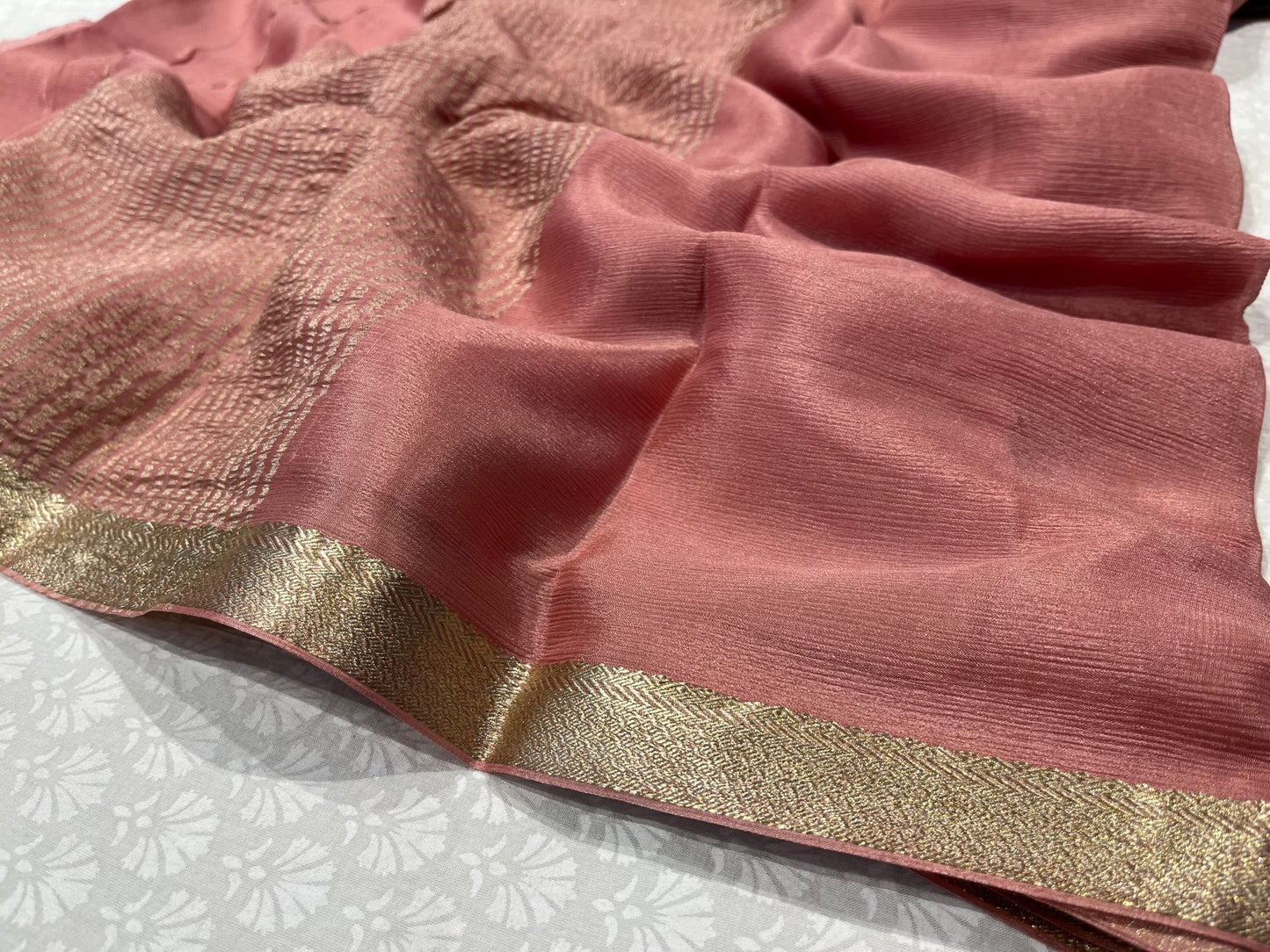 ( DELIVERY IN 25 DAYS ) PEACH COLOUR PURE CHIFFON SAREE WITH ZARI BORDER