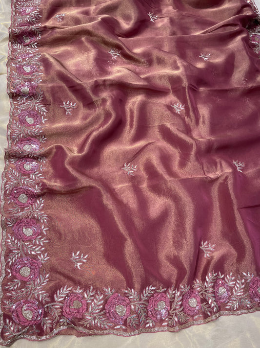 PEACH TISSUE SAREE WITH CUTDANA & SEQUINS EMBROIDERY