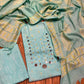 TURQUOISE COLOUR LINEN COTTON UNSTITCHED SUIT EMBELLISHED WITH MIRROR WORK