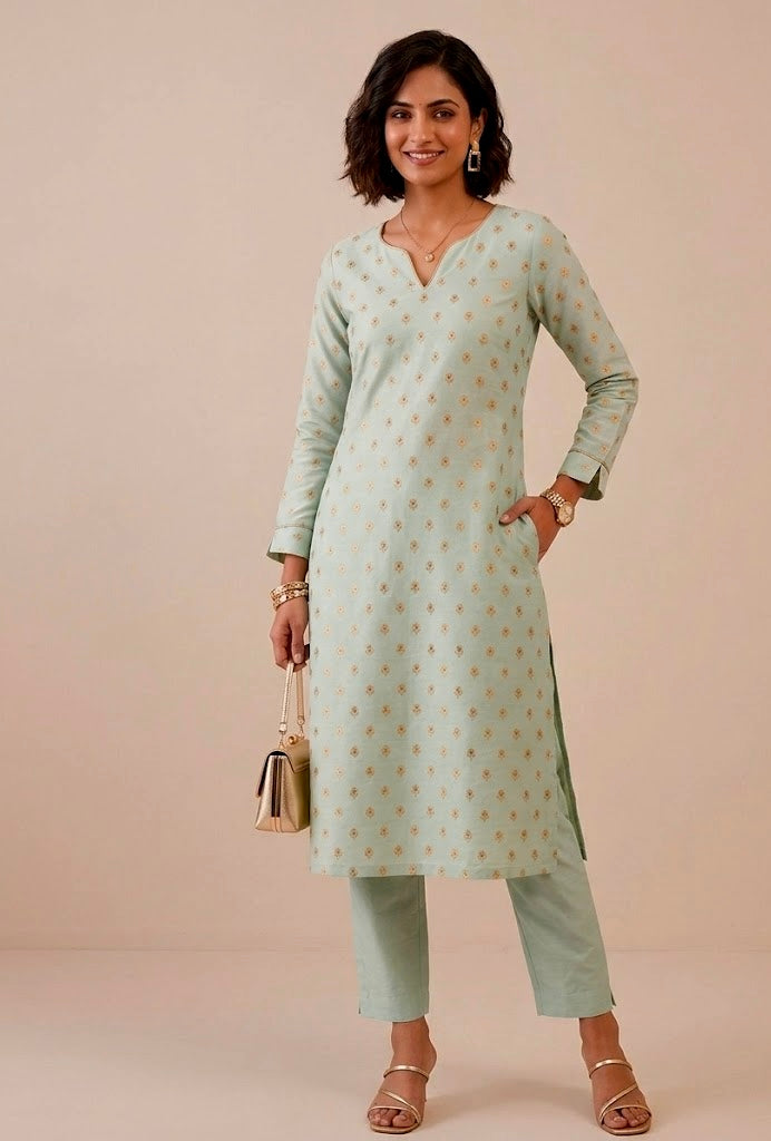 AQUA COLOUR BANARASI ART SILK UNSTITCHED CO-ORD SET EMBELLISHED WITH ZARI WOVEN BUTTI