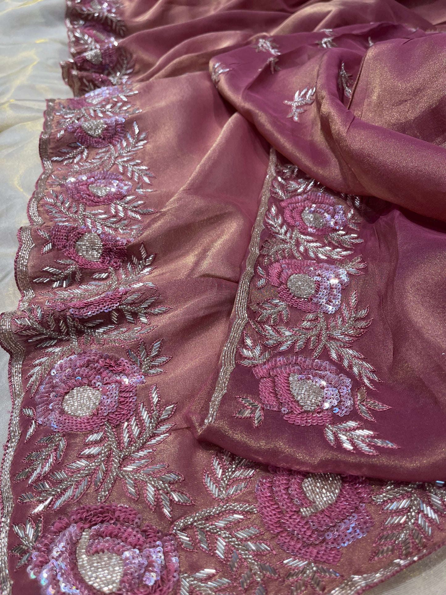 PEACH TISSUE SAREE WITH CUTDANA & SEQUINS EMBROIDERY