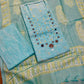 TURQUOISE COLOUR LINEN COTTON UNSTITCHED SUIT EMBELLISHED WITH MIRROR WORK