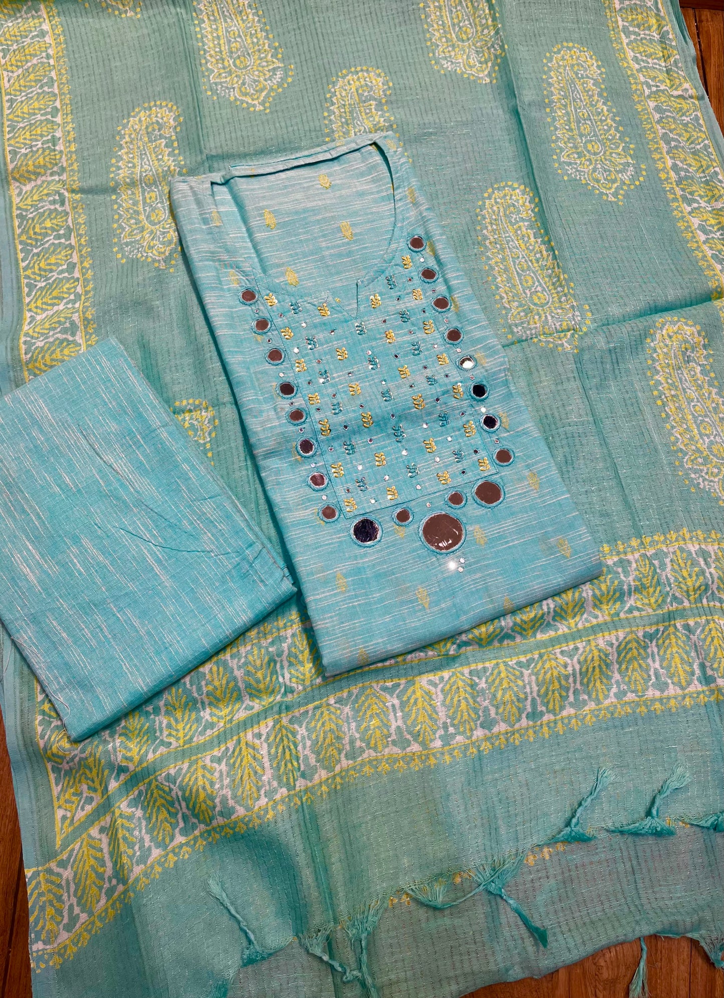 TURQUOISE COLOUR LINEN COTTON UNSTITCHED SUIT EMBELLISHED WITH MIRROR WORK