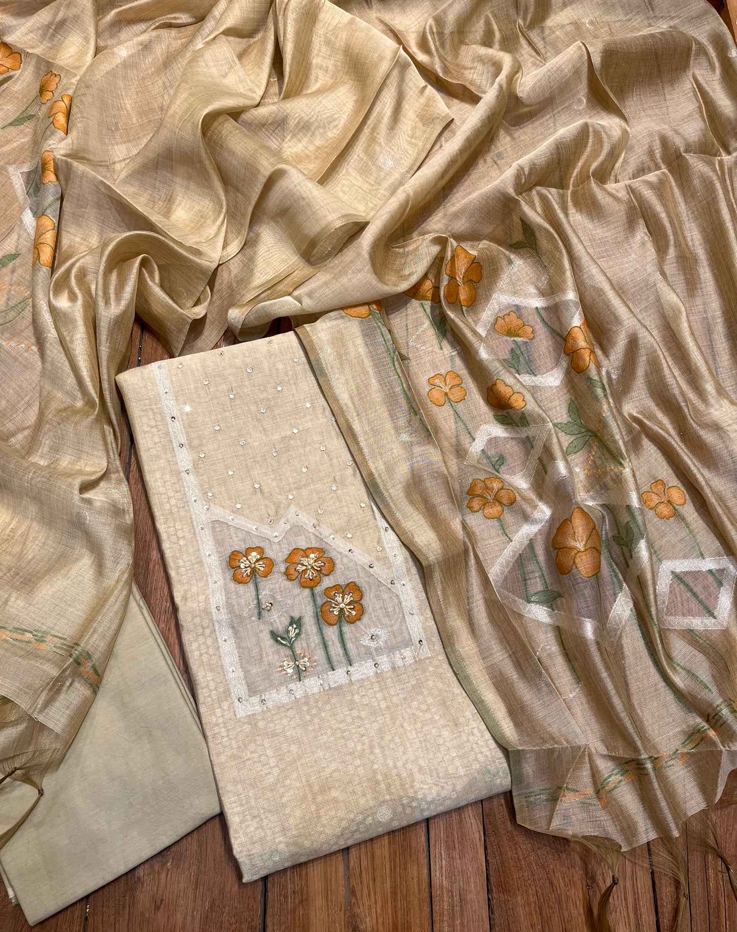 BEIGE JAMDANI DHAKAI COTTON UNSTITCHED SUIT EMBELLISHED WITH RESHAM & SEQUINS WORK