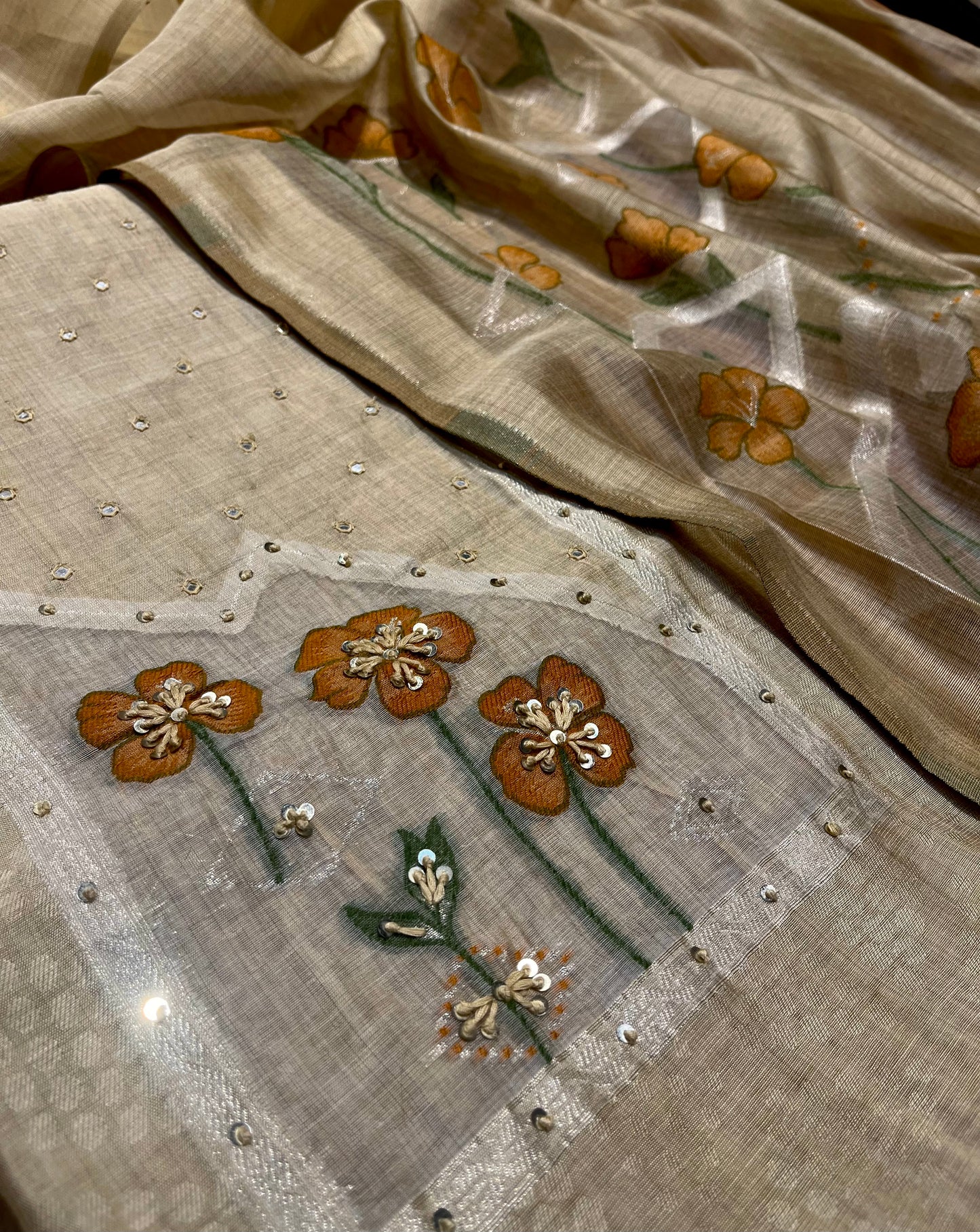 BEIGE JAMDANI DHAKAI COTTON UNSTITCHED SUIT EMBELLISHED WITH RESHAM & SEQUINS WORK