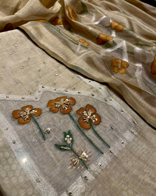 BEIGE JAMDANI DHAKAI COTTON UNSTITCHED SUIT EMBELLISHED WITH RESHAM & SEQUINS WORK