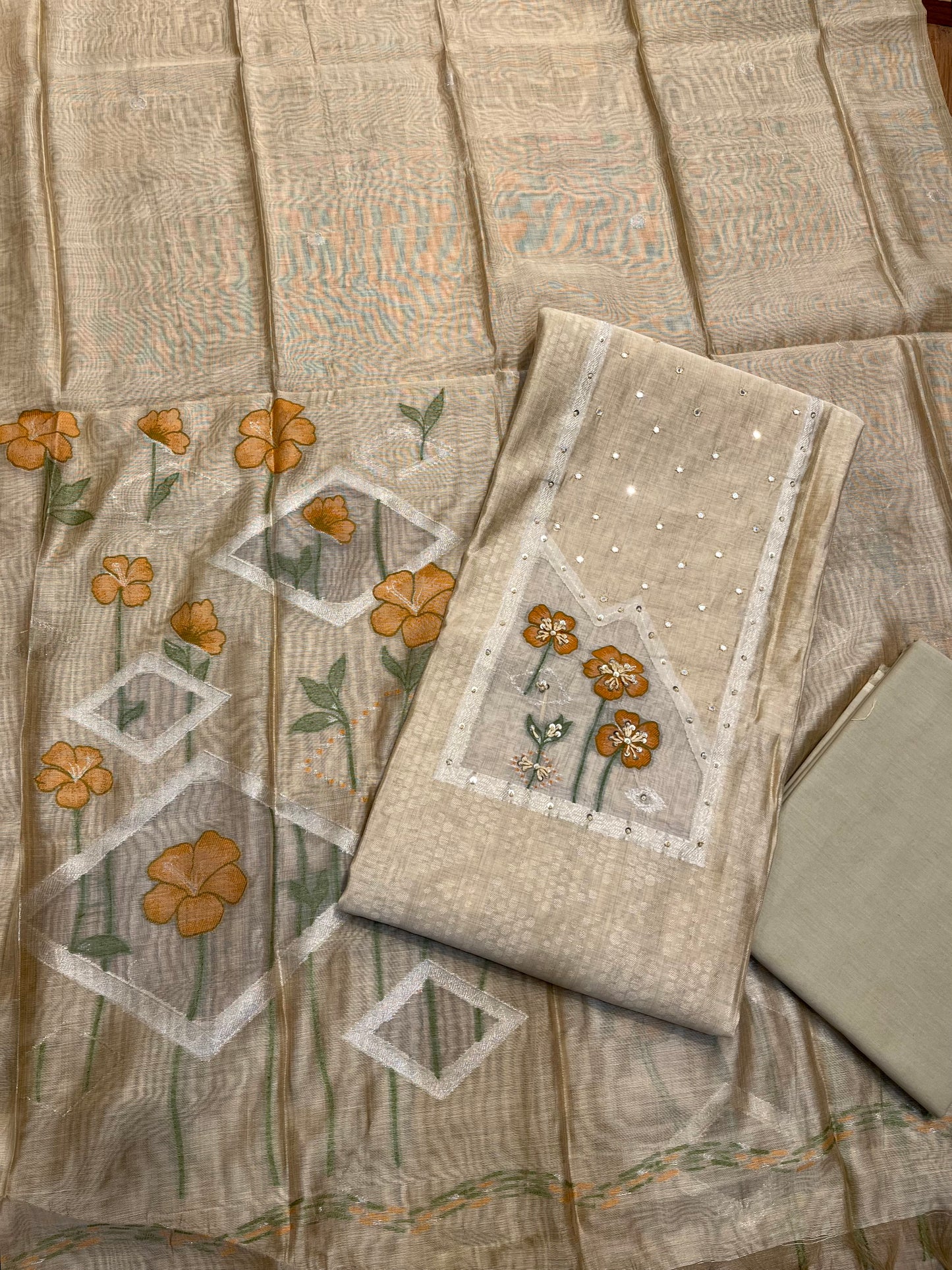 BEIGE JAMDANI DHAKAI COTTON UNSTITCHED SUIT EMBELLISHED WITH RESHAM & SEQUINS WORK