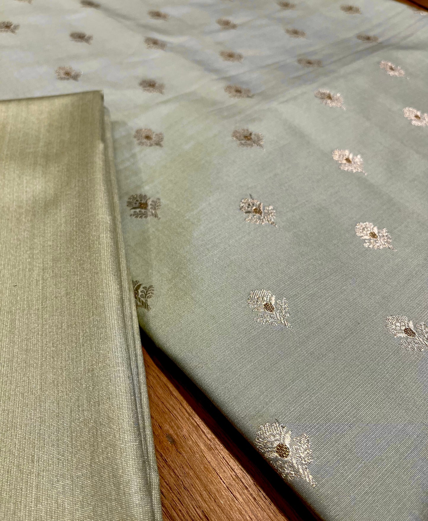 PISTA COLOUR BANARASI ART SILK UNSTITCHED CO-ORD SET EMBELLISHED WITH ZARI WOVEN BUTTI