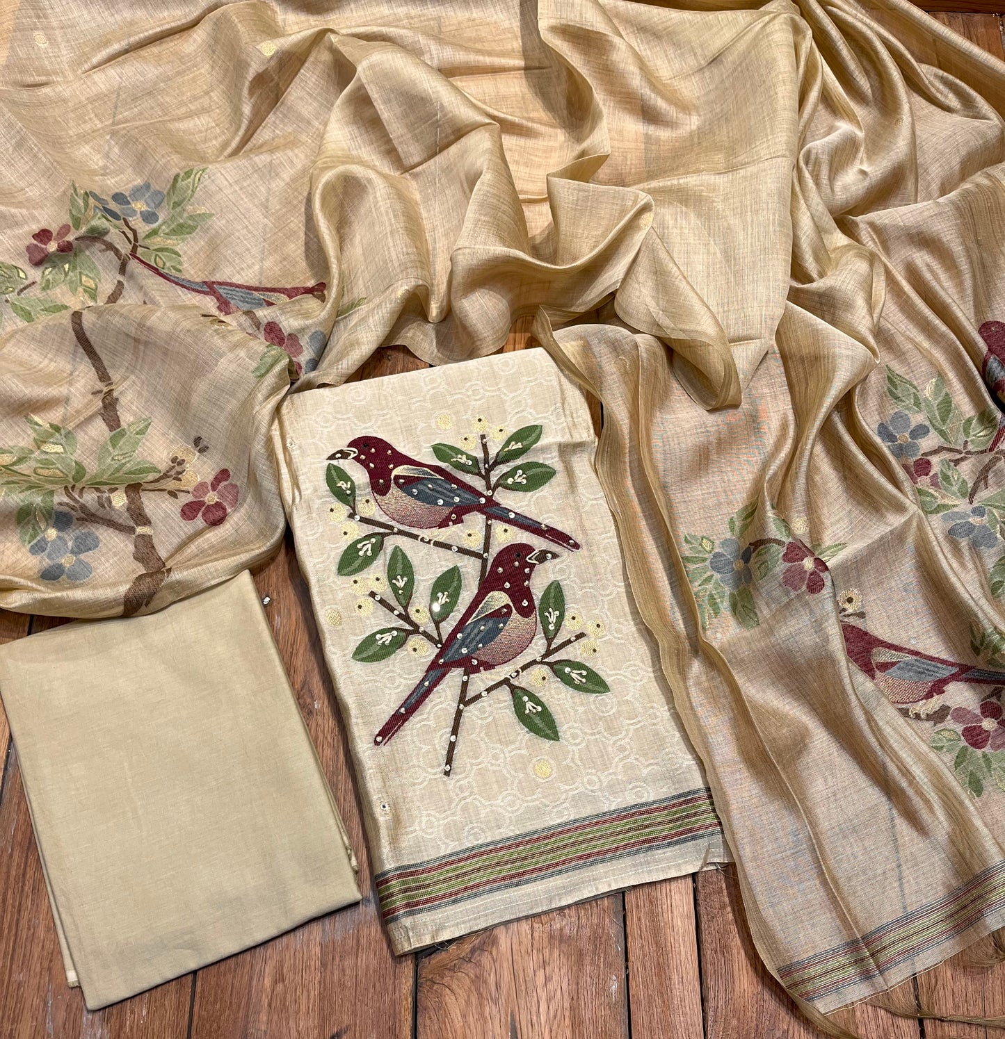 BEIGE COLOUR JAMDANI DHAKAI COTTON UNSTITCHED SUIT EMBELLISHED WITH RESHAM & SEQUINS WORK