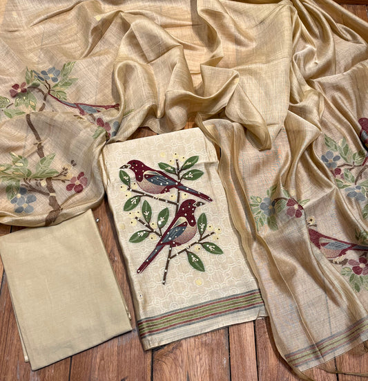 BEIGE COLOUR JAMDANI DHAKAI COTTON UNSTITCHED SUIT EMBELLISHED WITH RESHAM & SEQUINS WORK