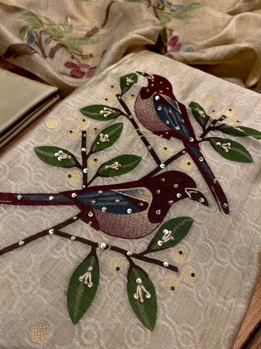 BEIGE COLOUR JAMDANI DHAKAI COTTON UNSTITCHED SUIT EMBELLISHED WITH RESHAM & SEQUINS WORK