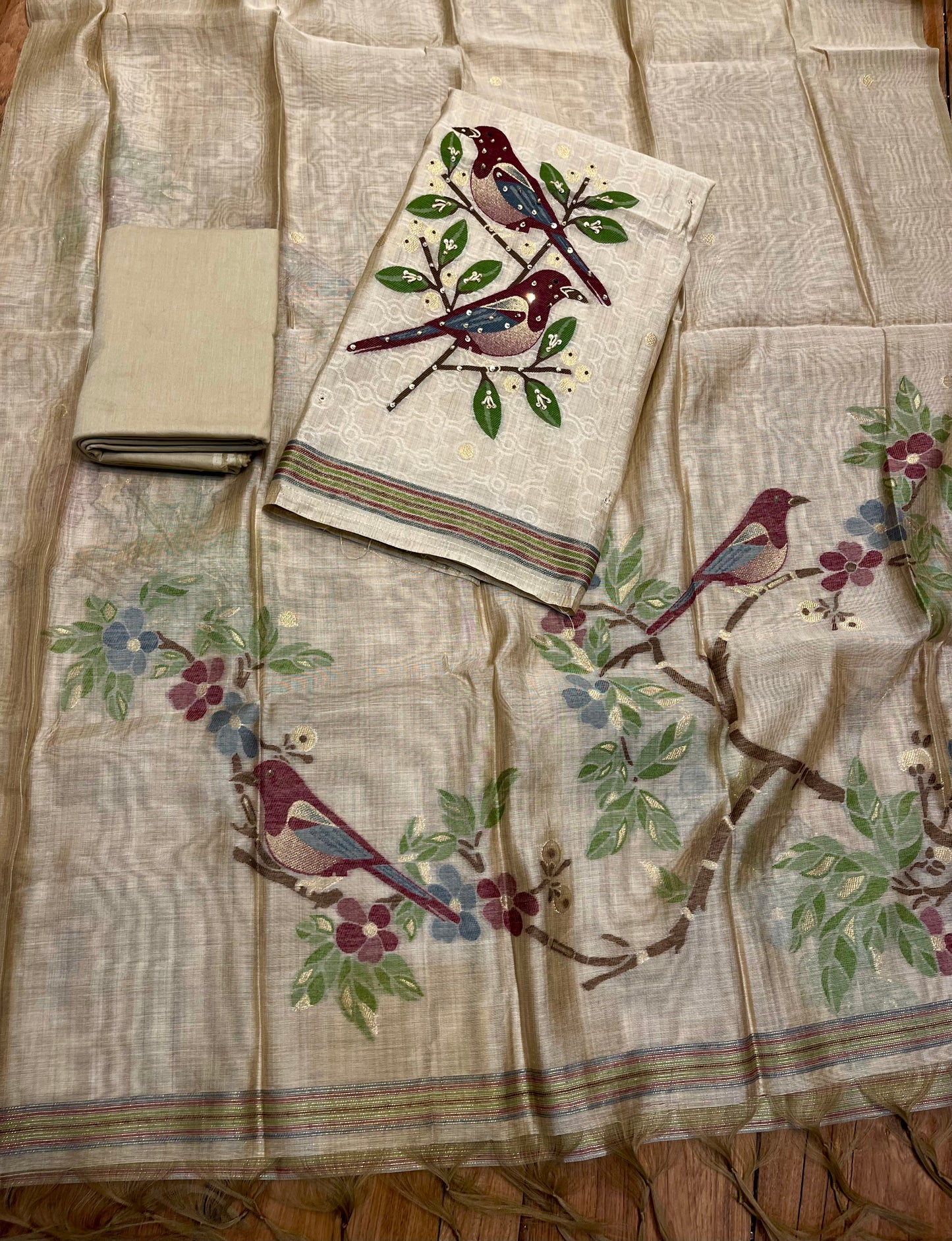 BEIGE COLOUR JAMDANI DHAKAI COTTON UNSTITCHED SUIT EMBELLISHED WITH RESHAM & SEQUINS WORK