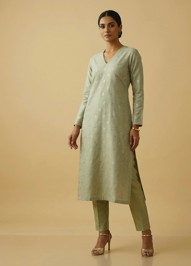 PISTA COLOUR BANARASI ART SILK UNSTITCHED CO-ORD SET EMBELLISHED WITH ZARI WOVEN BUTTI