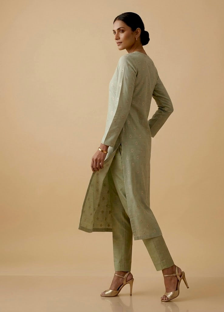 PISTA COLOUR BANARASI ART SILK UNSTITCHED CO-ORD SET EMBELLISHED WITH ZARI WOVEN BUTTI