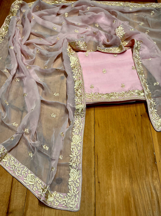 PINK COLOUR ORGANZA PARSI WORK UNSTITCHED SUIT WITH CREPE SILK BOTTOM