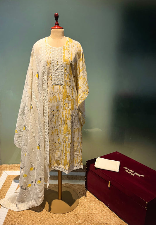 YELLOW COLOUR LINEN UNSTITCHED SUIT WITH HAND PAINTED DUPATTA