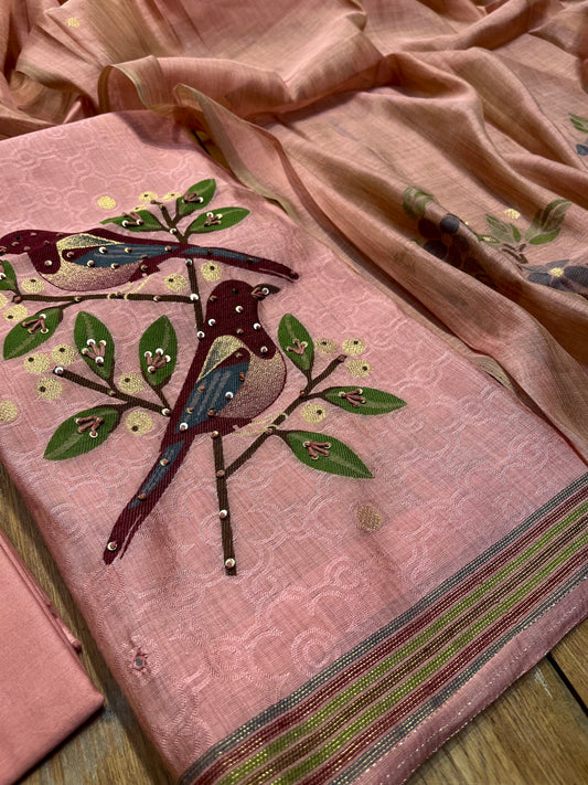 PINK COLOUR JAMDANI DHAKAI COTTON UNSTITCHED SUIT EMBELLISHED WITH RESHAM & SEQUINS WORK