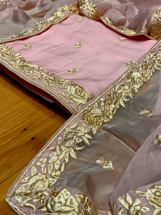 PINK COLOUR ORGANZA PARSI WORK UNSTITCHED SUIT WITH CREPE SILK BOTTOM