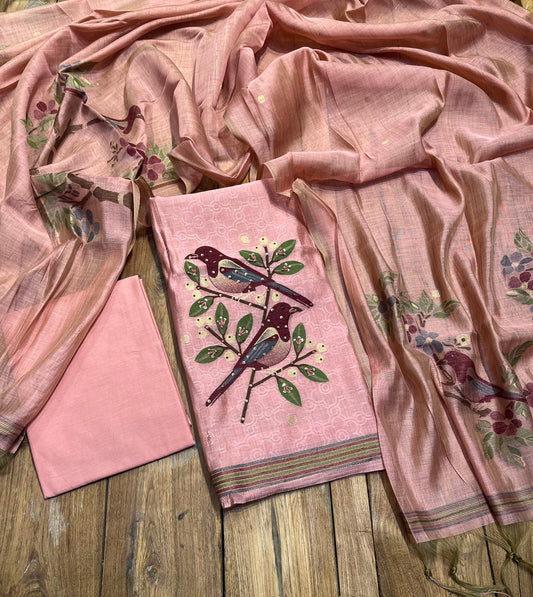 PINK COLOUR JAMDANI DHAKAI COTTON UNSTITCHED SUIT EMBELLISHED WITH RESHAM & SEQUINS WORK