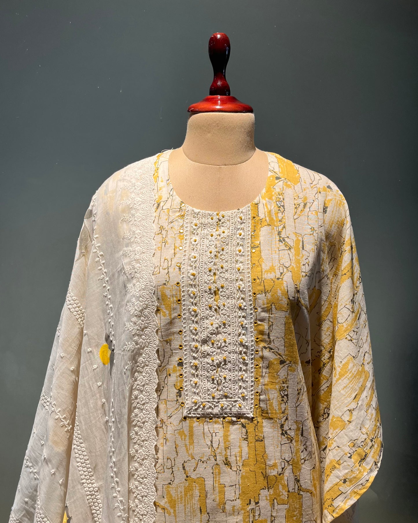 YELLOW COLOUR LINEN UNSTITCHED SUIT WITH HAND PAINTED DUPATTA
