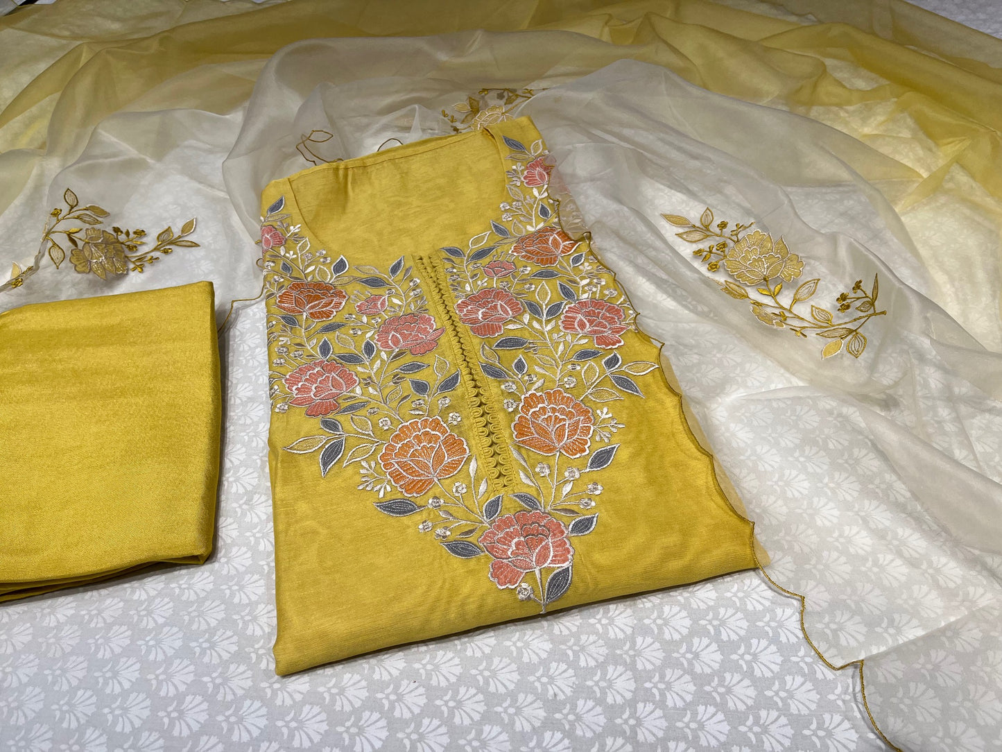 (DELIVERY IN 25 DAYS) YELLOW COLOUR CHANDERI EMBROIDERED UNSTITCHED SUIT WITH ORGANZA SHADED DUPATTA EMBELLISHED WITH RESHAM EMBROIDERY