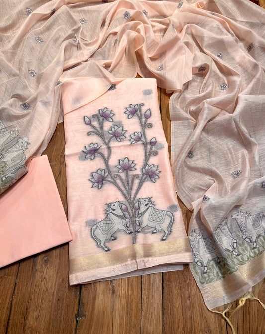 PEACH COLOUR JAMDANI DHAKAI COTTON UNSTITCHED SUIT EMBELLISHED WITH RESHAM WEAVES