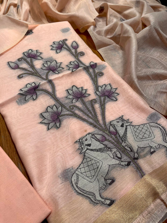 PEACH COLOUR JAMDANI DHAKAI COTTON UNSTITCHED SUIT EMBELLISHED WITH RESHAM WEAVES