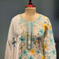 IVORY COLOUR LINEN UNSTITCHED SUIT EMBELLISHED WITH RESHAM & MIRROR FOIL WORK